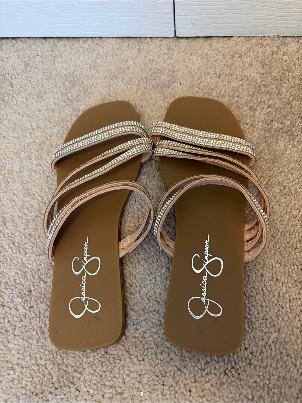 Jessica Simpson Rose Gold Rhinestone Multi-Strap Flat Sandals